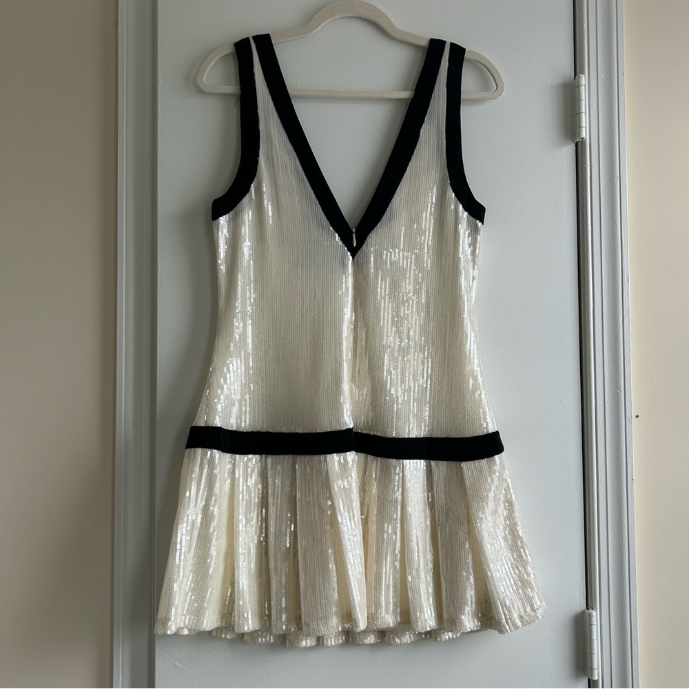 Blue Blush White Sequin Mini Dress with Black Trim - Picture 2 of 6